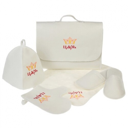 Набор "Портфель" 5 пр. белый с 2 выш."Царь" новая (портф,шапка с/в ,варежка,коврик,тапочки б/в)