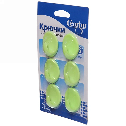 Набор крючков с липким слоем Селфи 9906-1 (6шт, нагрузка 15кг) зеленый_3