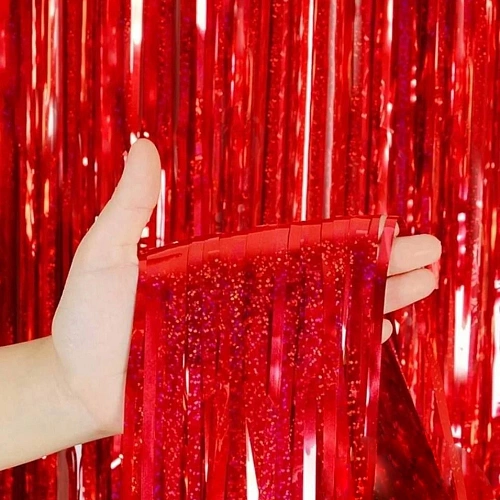Занавес фольгированный TINSEL Дождь ш1м, в2м (галограмма), Красный_2