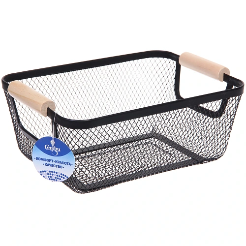 Корзина для хранения металлическая с деревянными ручками "ФАРГО", цвет чёрный, 17*10*25см (лейбл Селфи)