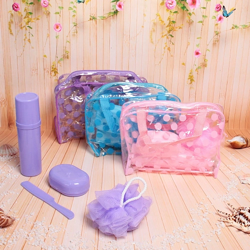 Набор банный дорожный 4шт Traveler - Горошек, микс 3 цв, (мочалка, футляр 2шт, расческа), 20156см_14